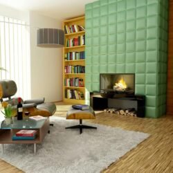 Elegant modern living room featuring stylish decor, bookshelves, and a cozy fireplace.